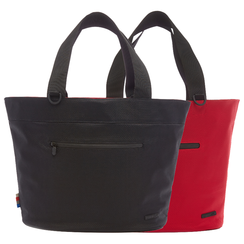 Black and red top reversible tote bag